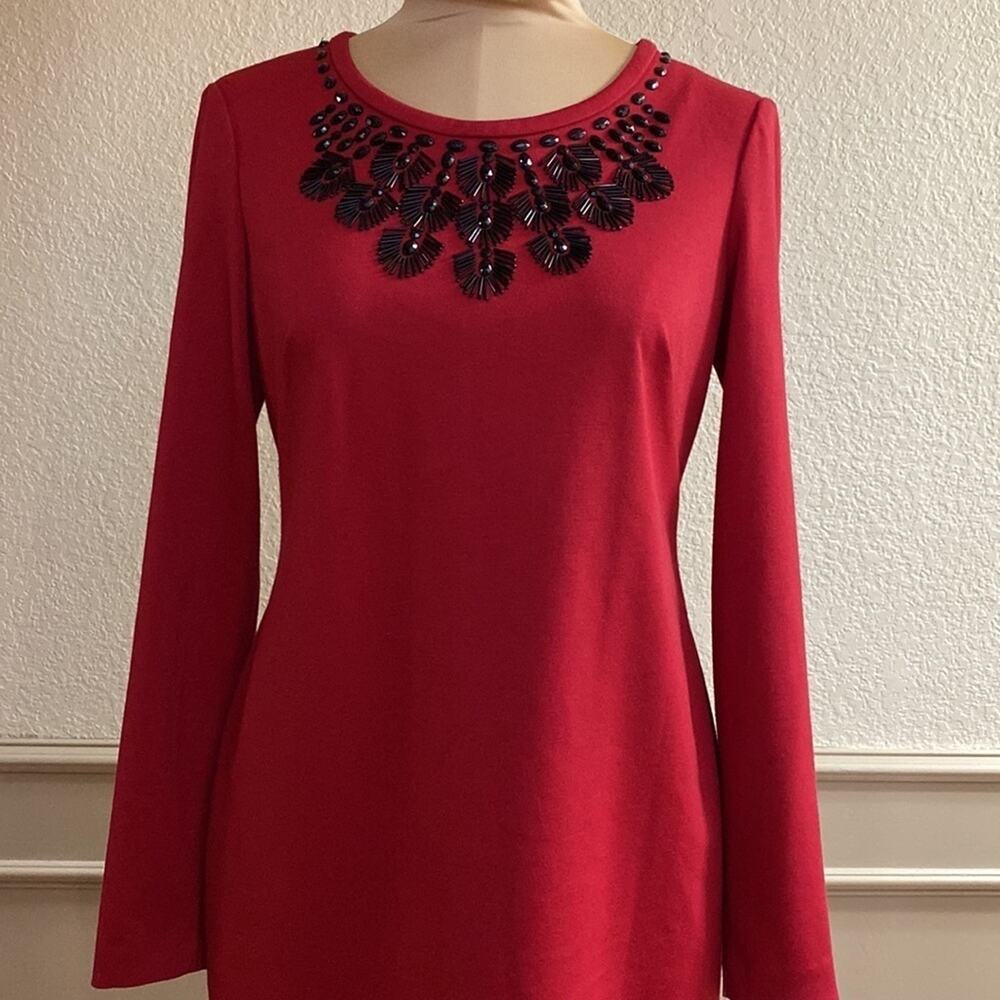 Jones New York wine red beaded flattering fitted long sleeve sheath mini dress